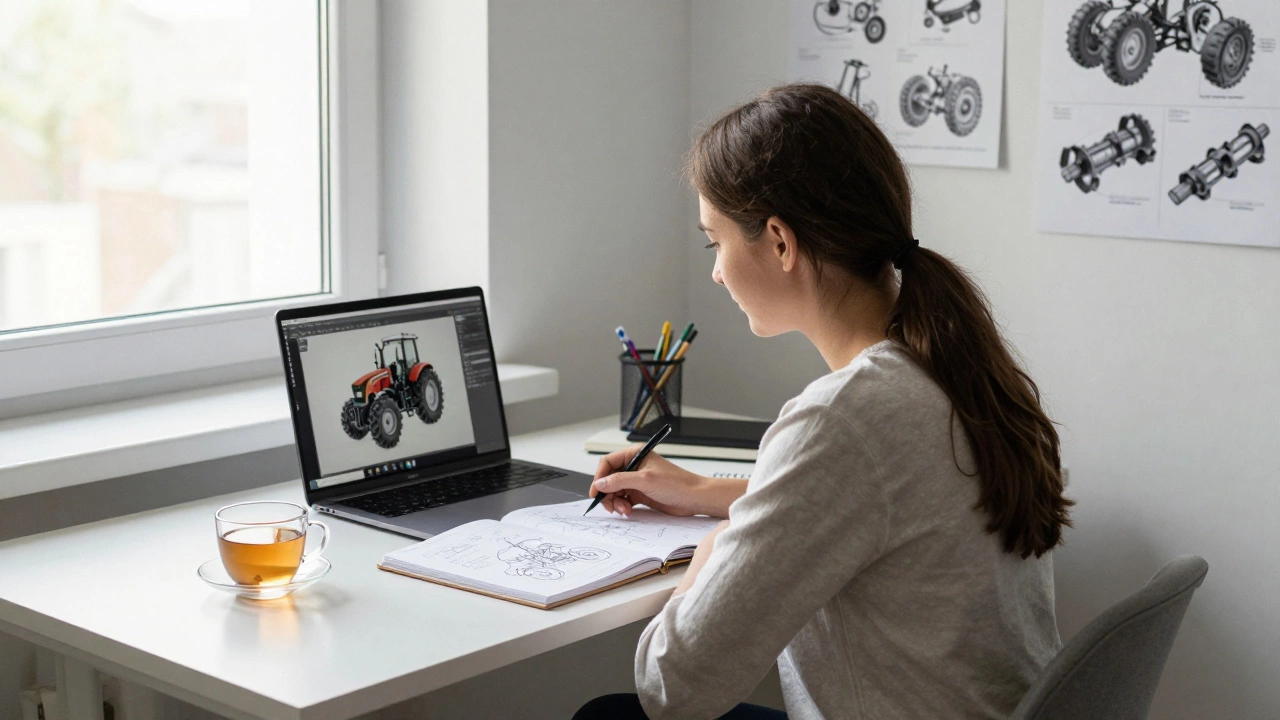 Молодая женщина в Казани изучает модель трактора на ноутбуке, на столе — эскизы и чашка чая.