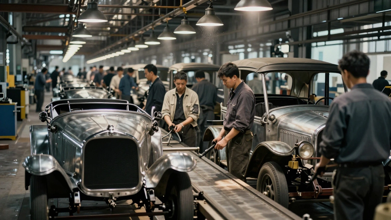 Рабочие на конвейере собирают автомобильные детали в цехе.