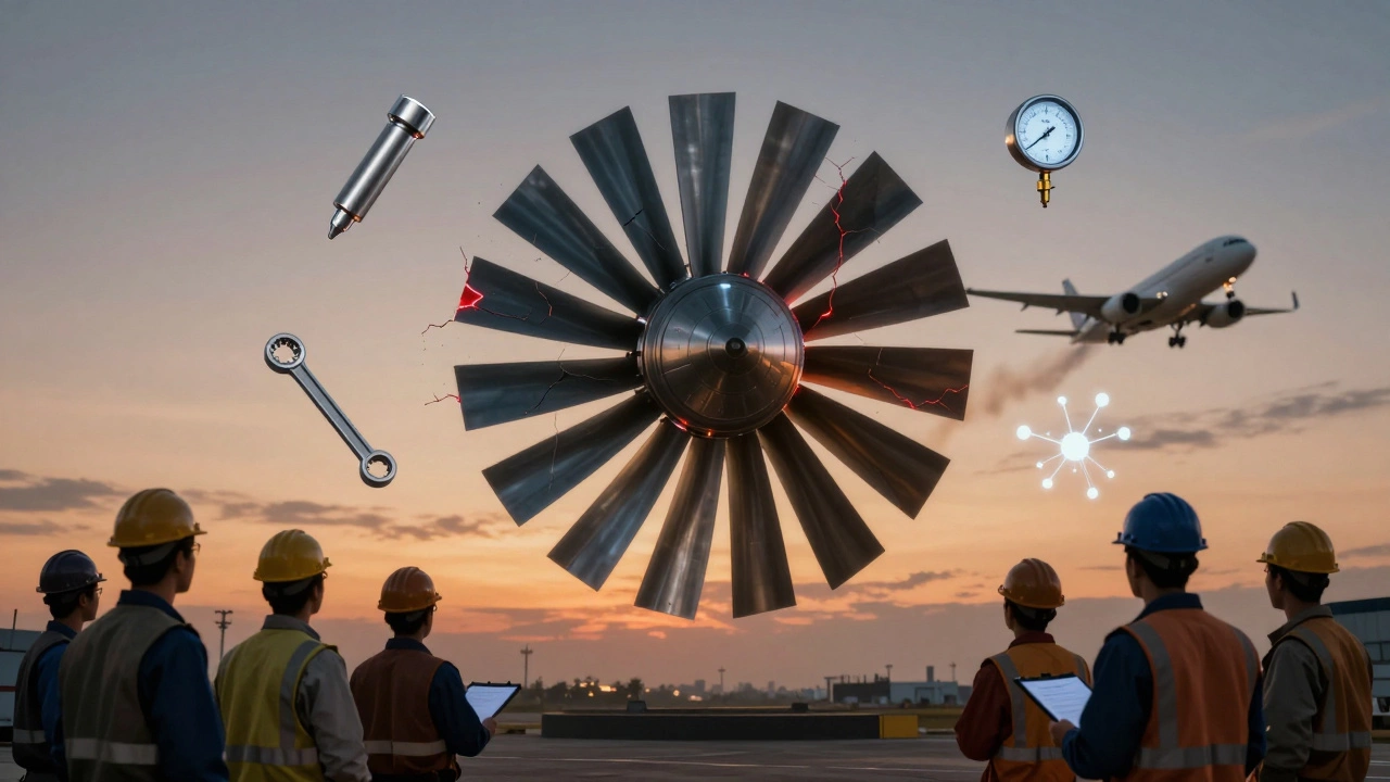 Разрушенный лопаточный элемент турбины с визуализацией этапов контроля качества и рабочими на фоне взлетающего самолета.