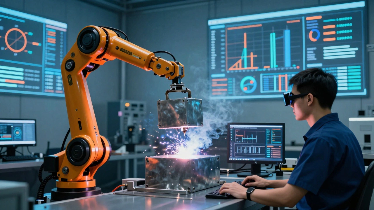 Робот поднимает тяжелый груз, а оператор в AR-очках наблюдает за процессом на автоматизированной линии.