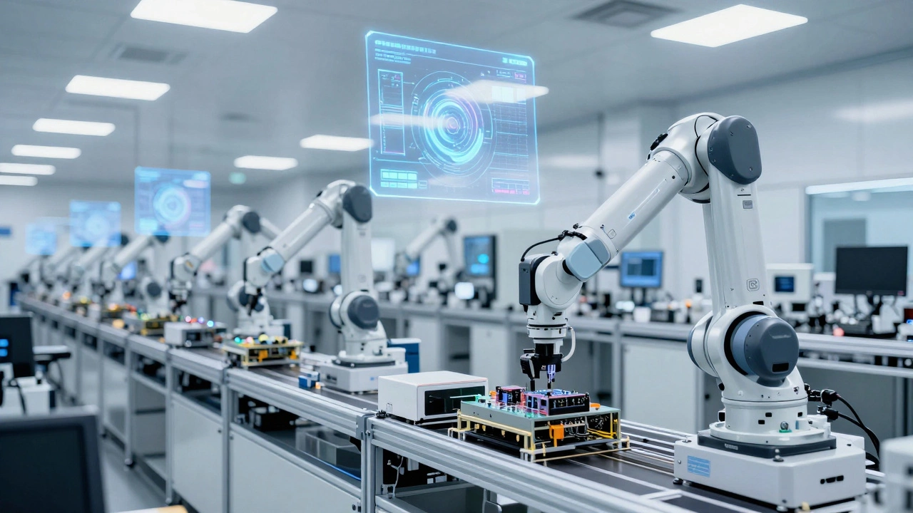 Роботы-манипуляторы работают в современном высокотехнологичном заводе.