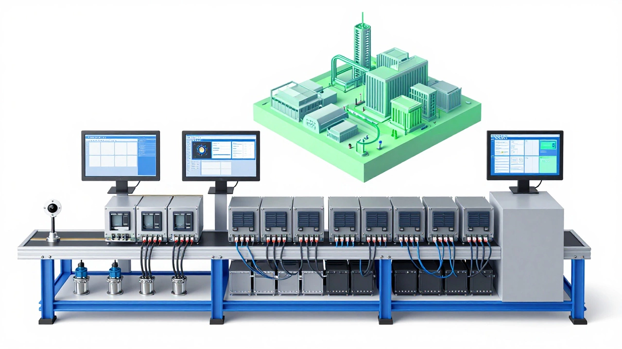 Техническая схема автоматизированной линии: датчики, ПЛК, кабели, SCADA и цифровой двойник.