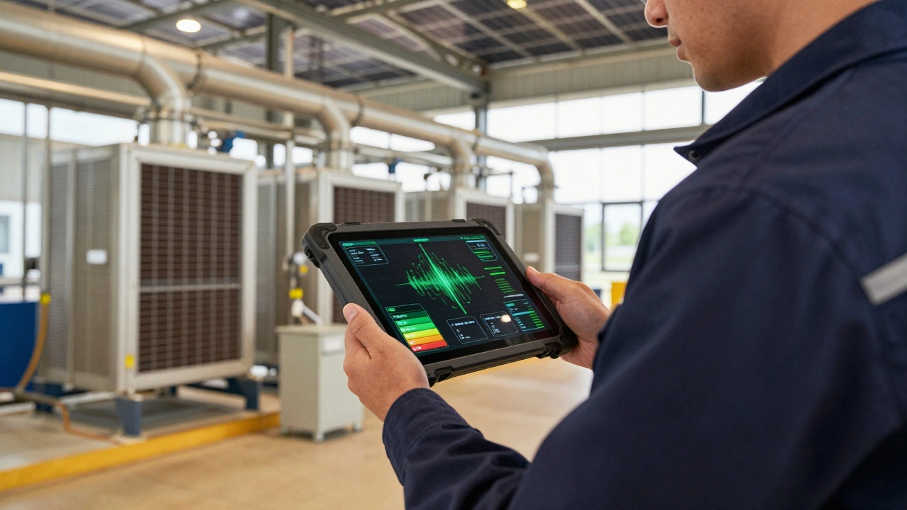 Техник использует планшет для мониторинга зеленого производства