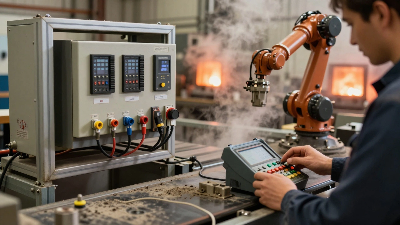 Техник настраивает ПЛК на производственной линии, рядом с конвейером и роботизированным манипулятором в рабочем цеху.