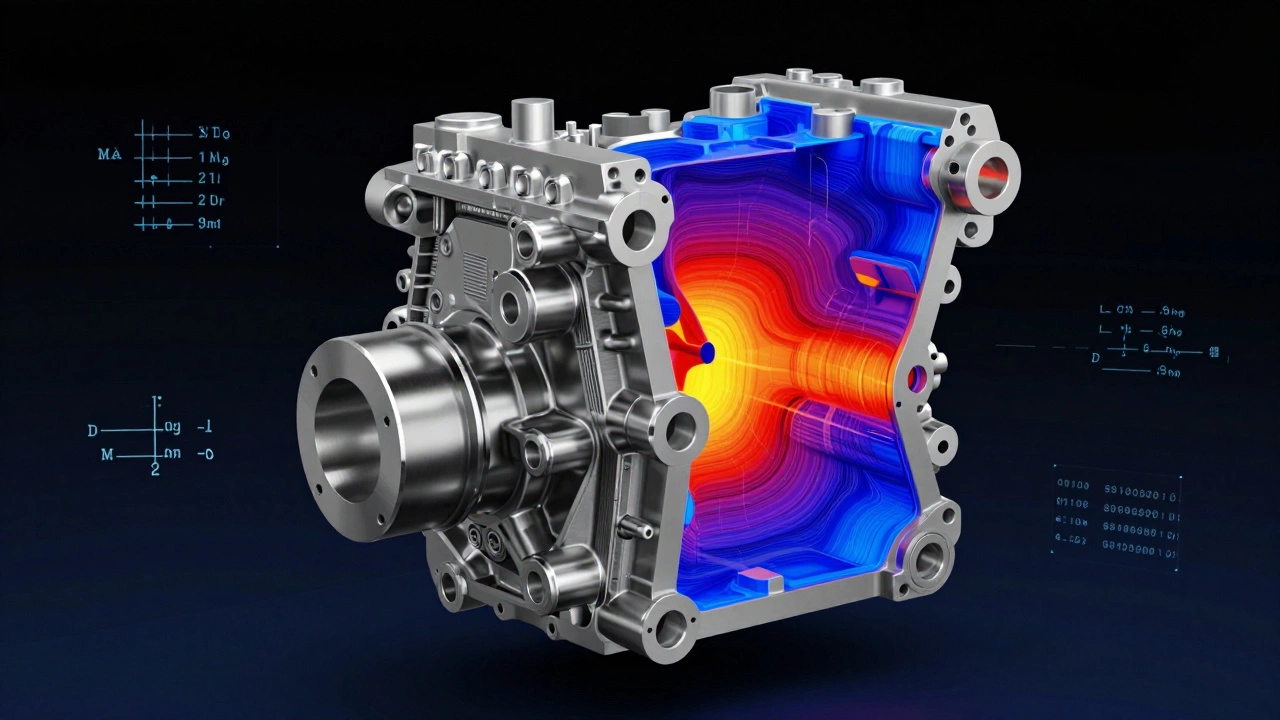 Анализ напряжений детали двигателя с цветовой картой распределения нагрузок