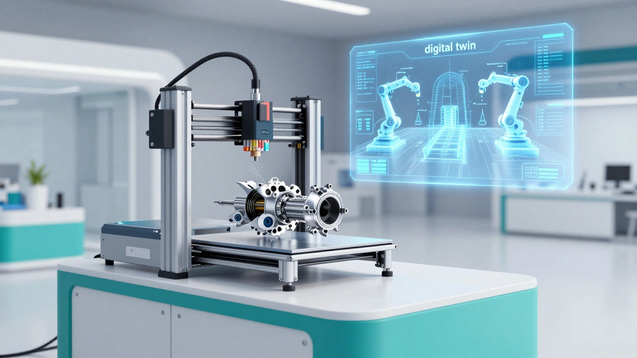 Футуристический завод с 3D-печатью металлом и голограммой цифрового двойника