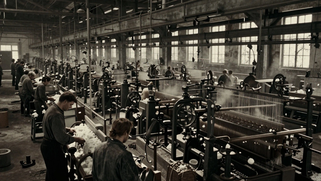Интерьер текстильной фабрики XIX века с рядами станков и рабочими