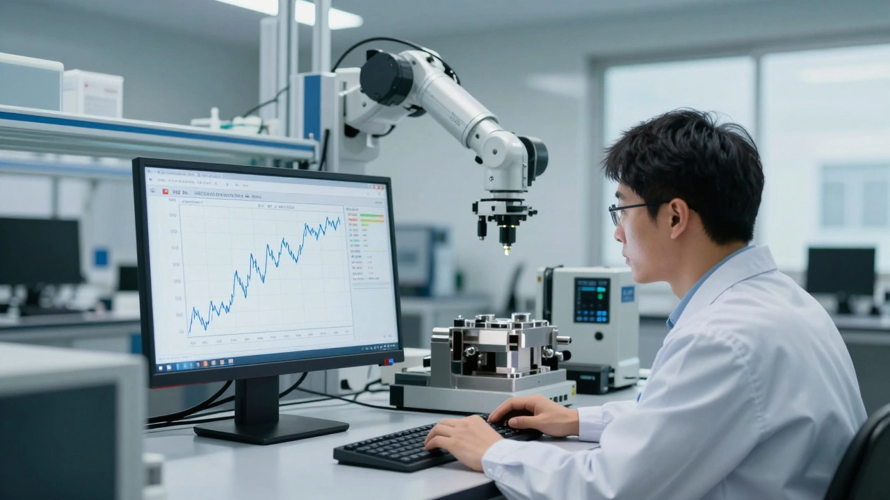 Инженер анализирует график SPC и работу системы машинного зрения