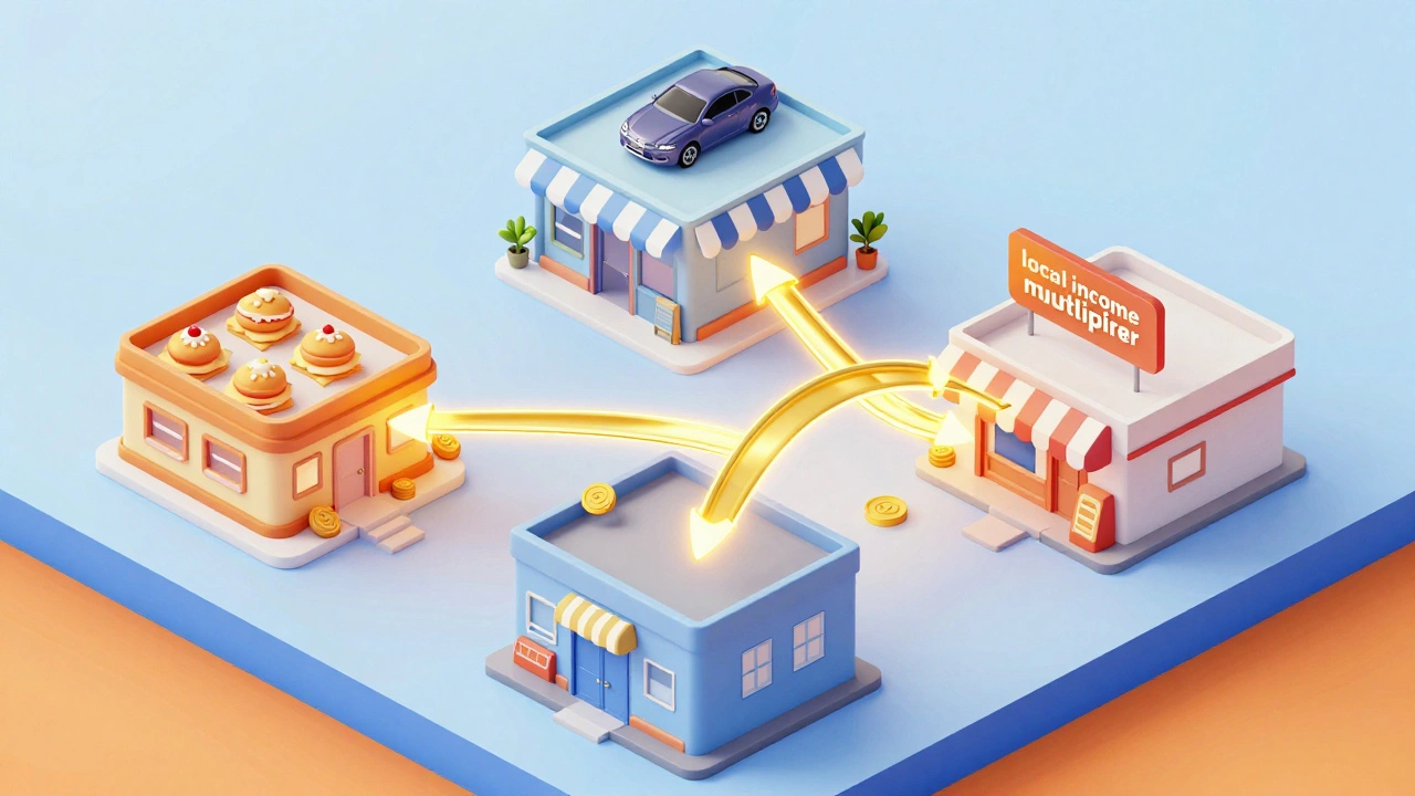 Изометрическая иллюстрация денежного потока между локальными предприятиями в городе