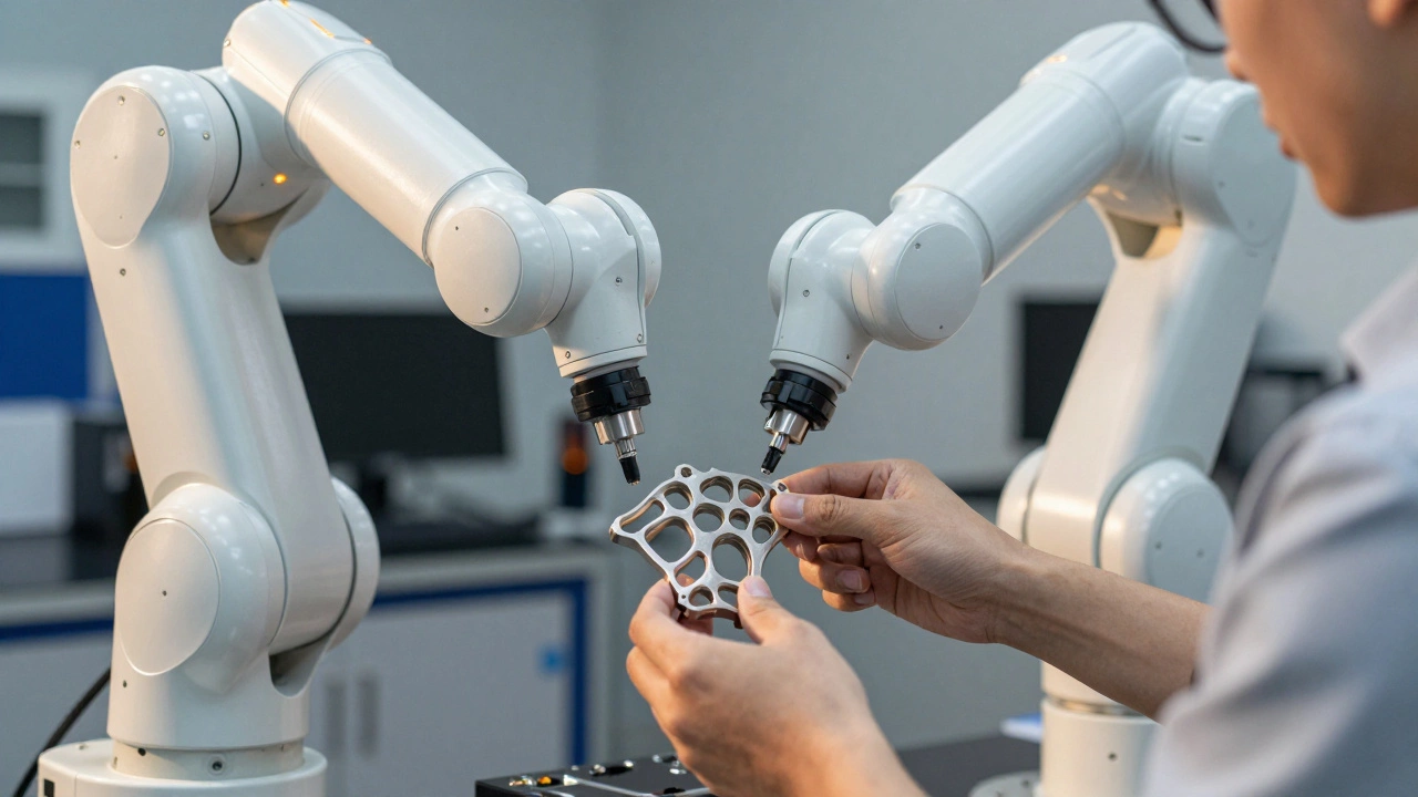 Кобот и инженер работают вместе с деталью бионической структуры