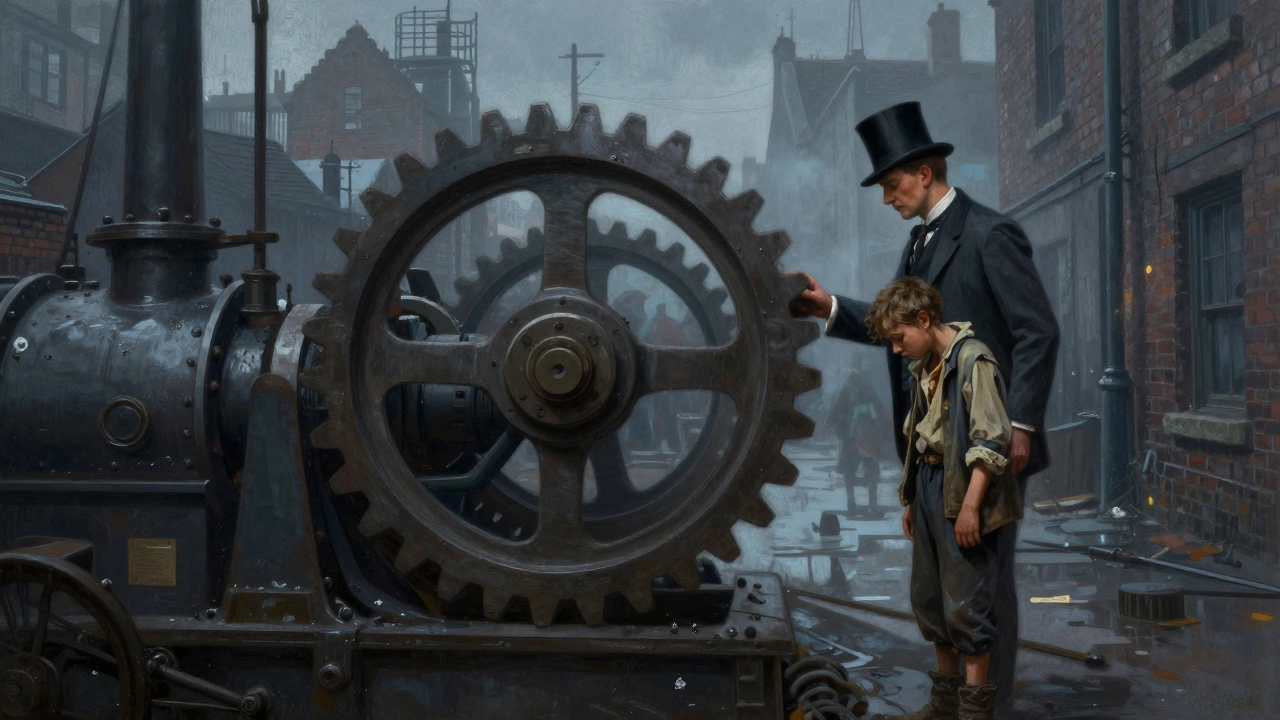 Контраст между богатым промышленником и ребенком-рабочим на фоне трущоб