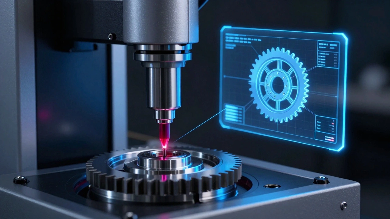 Координатно-измерительная машина проверяет точность стальной шестерни