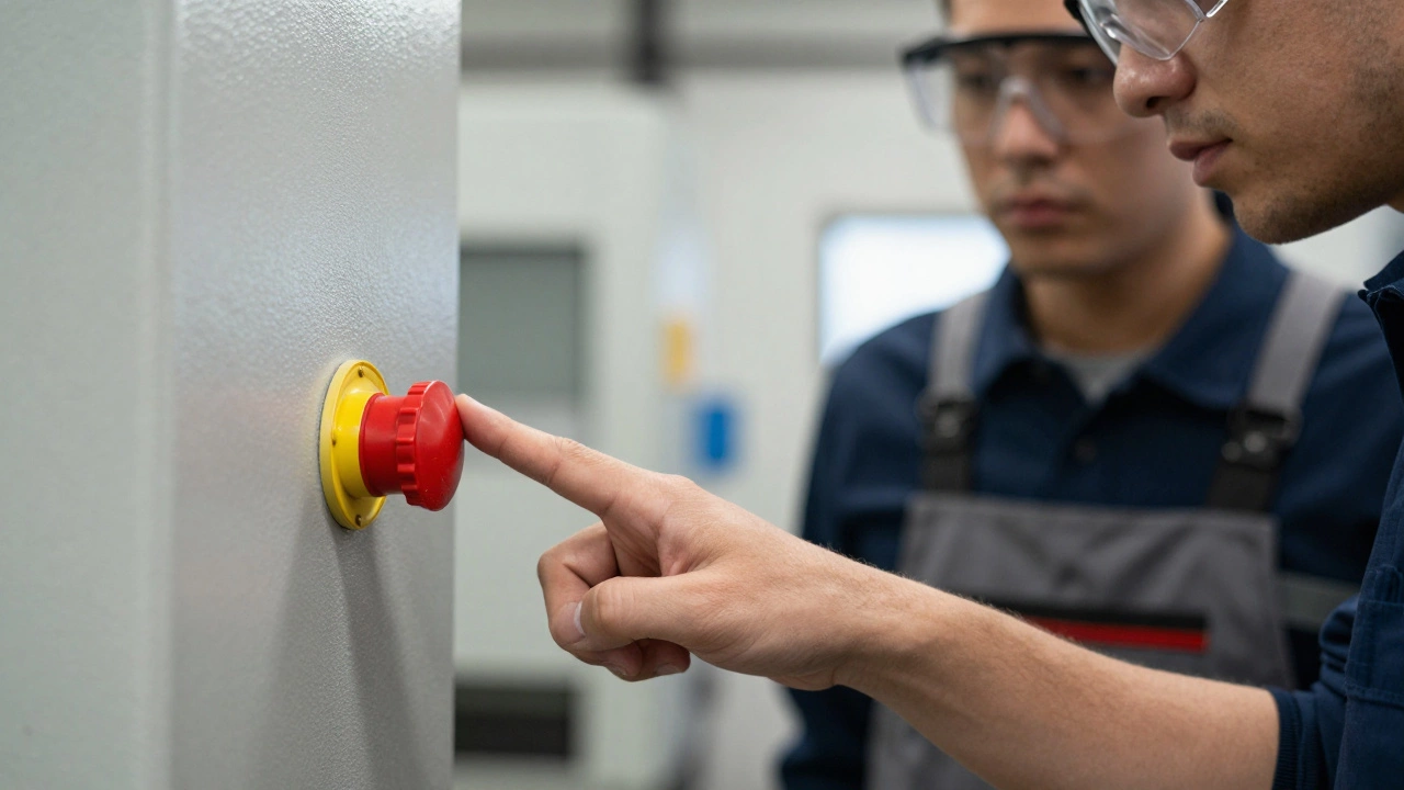 Мастер показывает работнику кнопку экстренной остановки станка