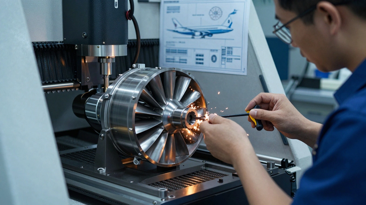 Мастер в специализированном цеху изготавливает высокоточную деталь для авиастроения