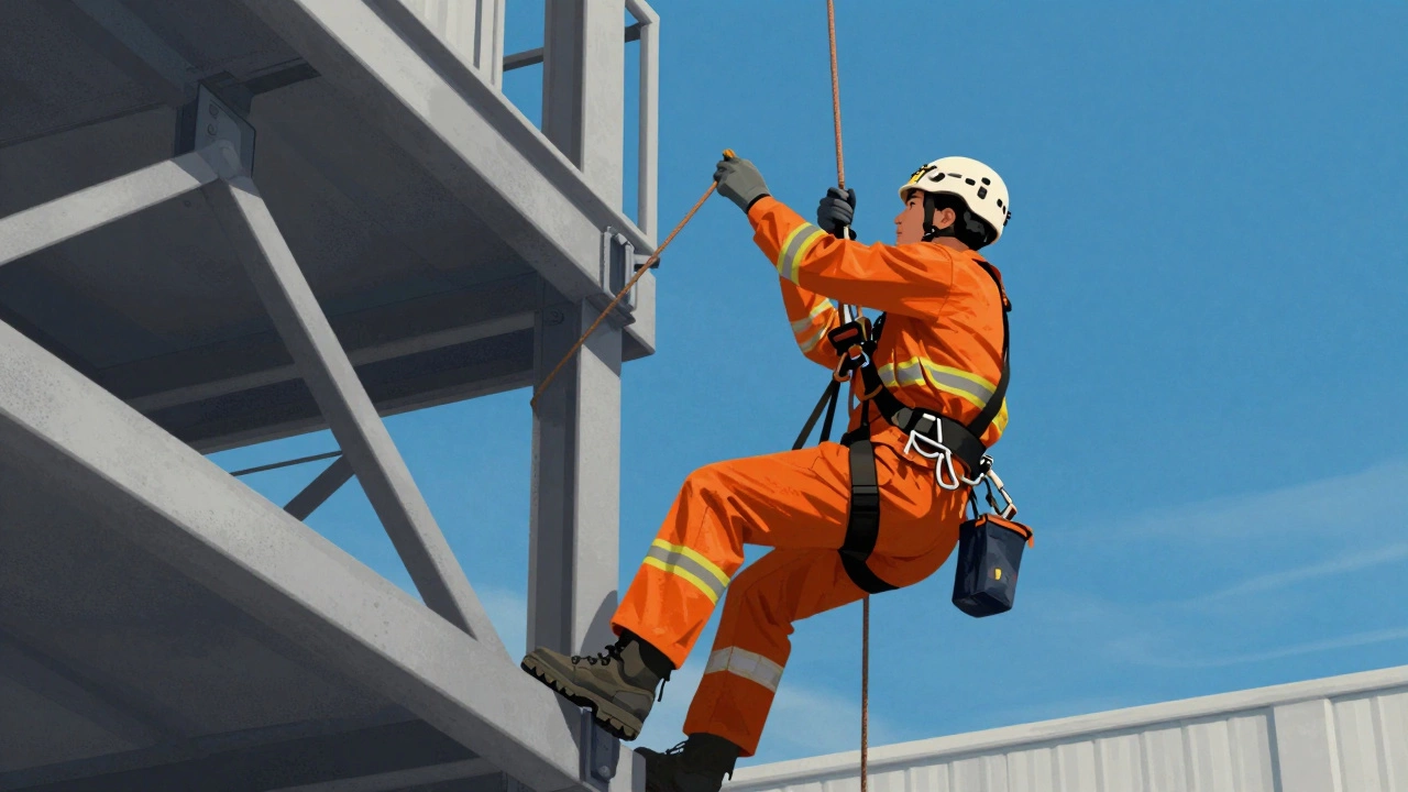 Рабочий в страховочном снаряжении готовится к высотным работам