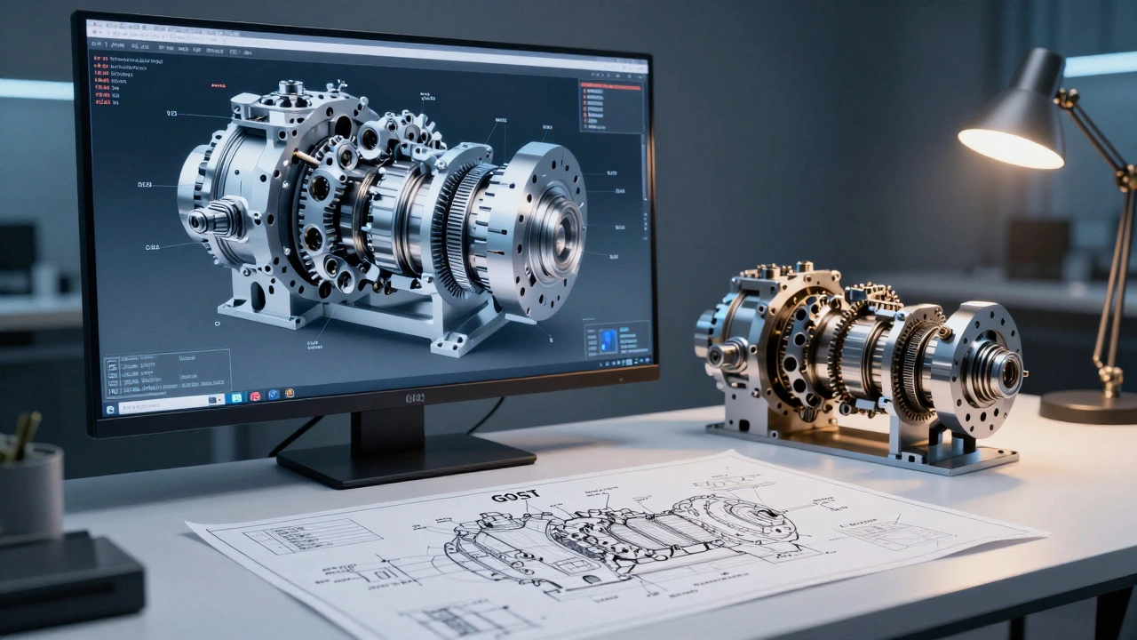 Сравнение сложной 3D-сборки редуктора на экране и профессиональных технических чертежей