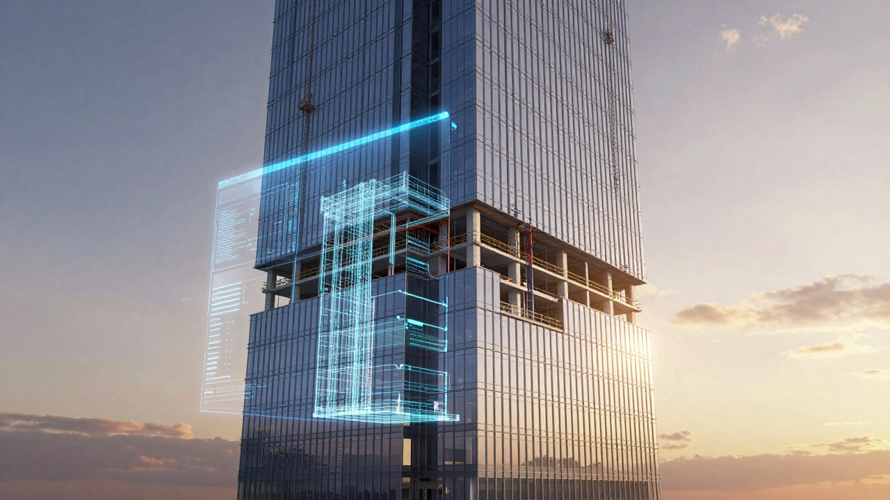 Архитектурная модель здания с цифровыми BIM-данными и каркасом
