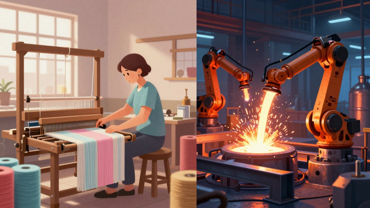 Сравнение текстильной фабрики и металлургического завода в стиле 3D-рендера