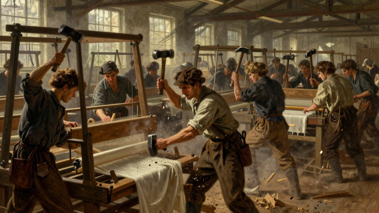Luddite workers smashing textile looms in a dusty mill interior