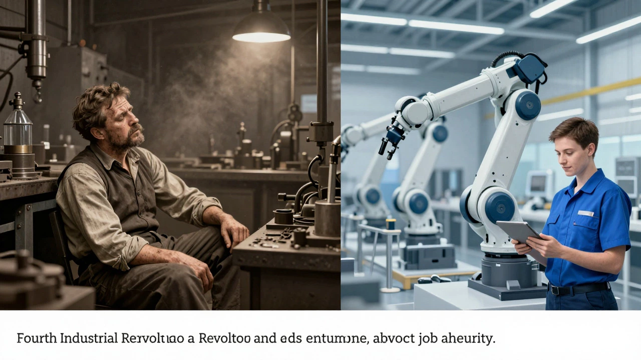 Split image comparing a tired Victorian worker with a modern robot