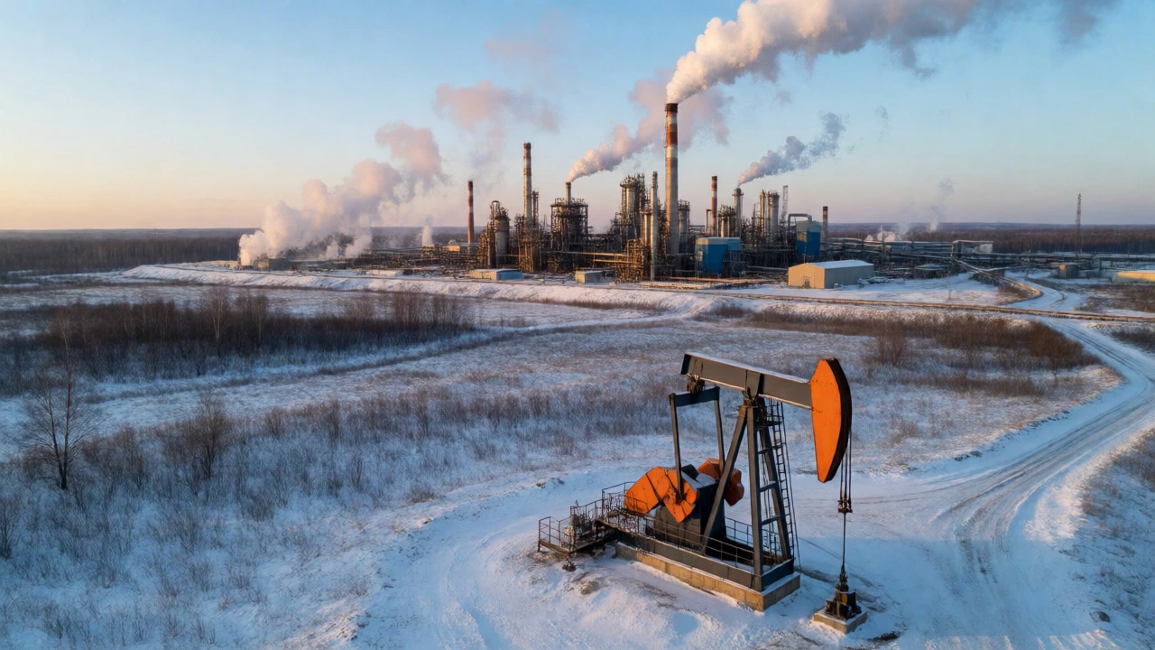 Нефтяная вышка на фоне промышленного комплекса в Сибири