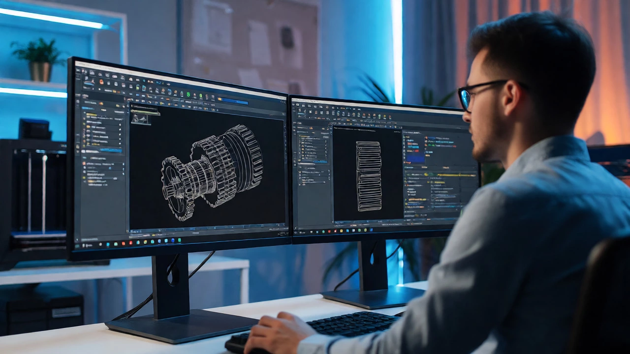 Специалист за компьютером с открытой программой КОМПАС-3D и 3D-принтером